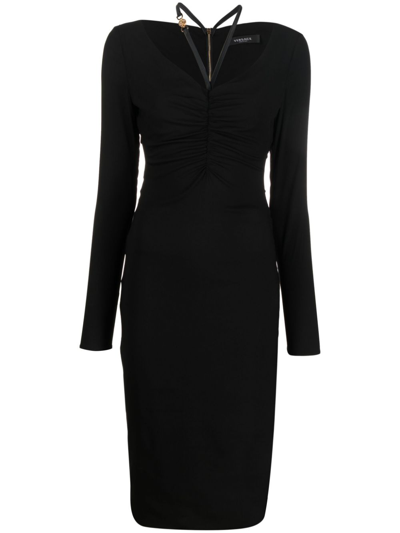 Shop Versace Black Medusa Ruched Midi Dress