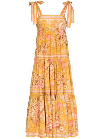 Shop Zimmermann Floral-print Tiered Midi Dress In Yellow