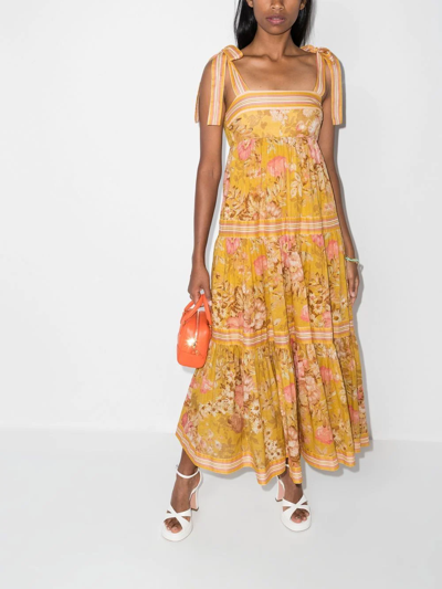 Shop Zimmermann Floral-print Tiered Midi Dress In Yellow