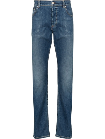 Shop Alexander Mcqueen Embroidered-logo Straight-leg Jeans In Blue