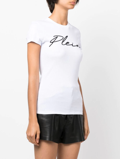 Philipp Plein Script Logo Crystal-embellished T-shirt In White