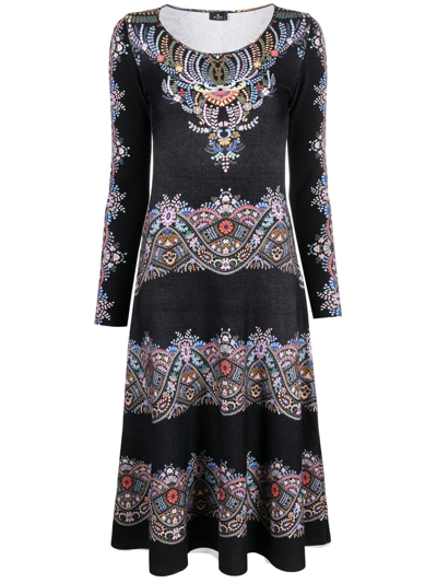 Shop Etro Floral-jacquard Wool Dress In Black