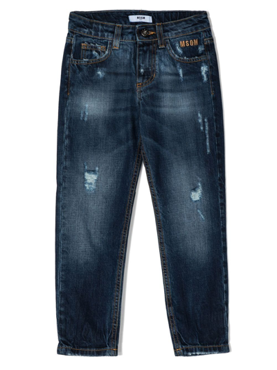 Shop Msgm Embroidered-logo Distressed-finish Jeans In Blue