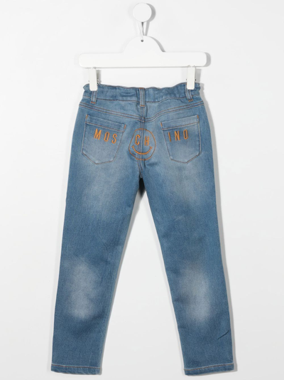 Shop Moschino Logo-embroidered Straight-leg Jeans In Blue