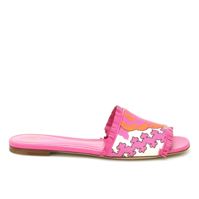 Shop Valentino Canvas Flower Palm Leaf Flats In Pink