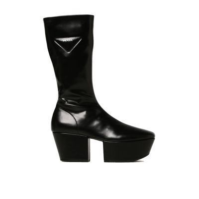 Prada Triangle Logo Platform Boots In Black