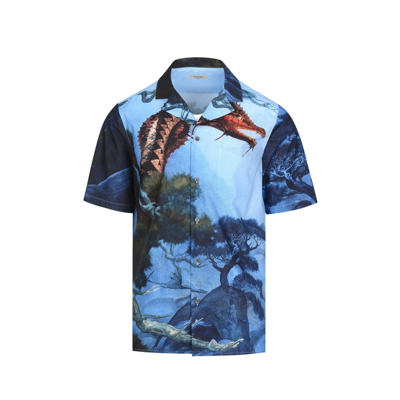 Shop Valentino Dragon Garden Print Shirt In Blue