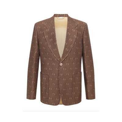 Shop Gucci Gg Cotton And Silk Blazer Jacket In Brown