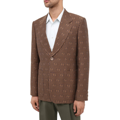 Shop Gucci Gg Cotton And Silk Blazer Jacket In Brown