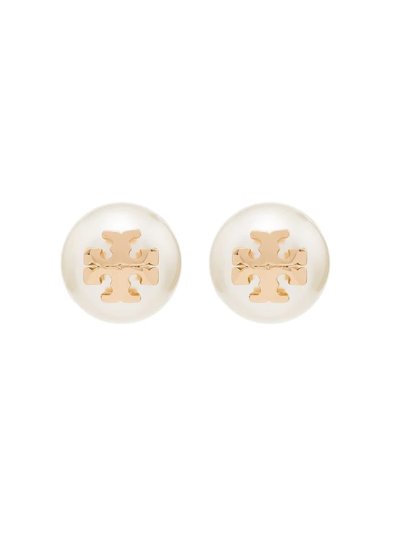 Shop Tory Burch Crystal Pearl Stud Earrings In Oro