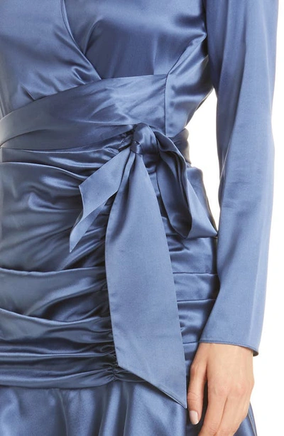 Shop Veronica Beard Agatha Ruched Long Sleeve Stretch Silk Dress In Steel Blue