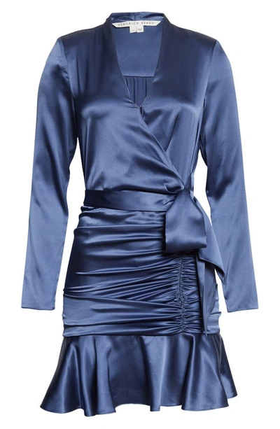 Shop Veronica Beard Agatha Ruched Long Sleeve Stretch Silk Dress In Steel Blue