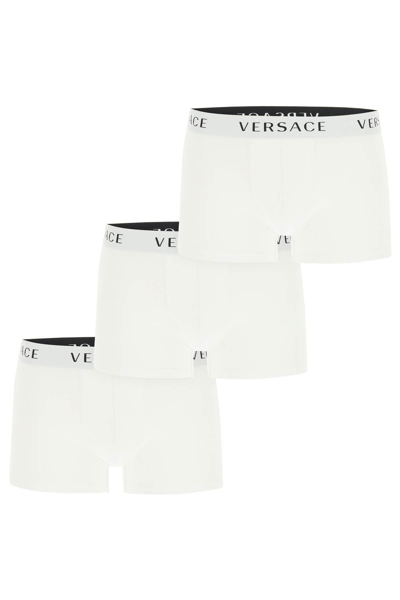 Shop Versace Three-pack Logo Band Boxer Briefs In Bianco