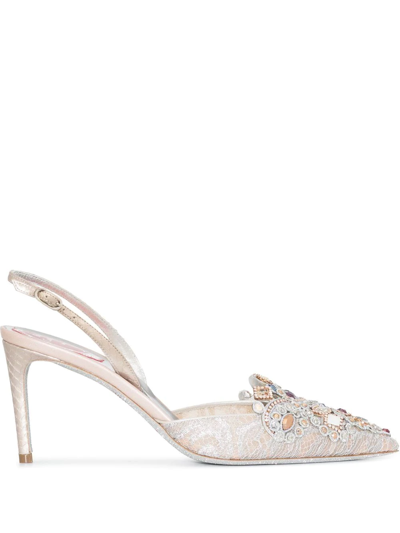 Shop René Caovilla Crystal-embellished Pointed-toe Pumps In Neutrals