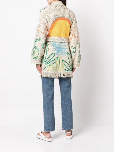 Shop Alanui Fringed-knit Cardigan In Canvas Beige Multicolor