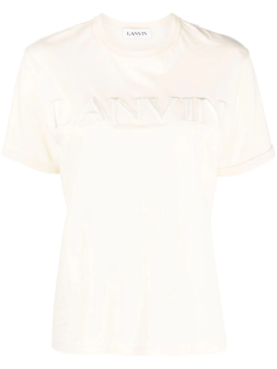 Shop Lanvin Embroidered-logo Cotton T-shirt In Neutrals