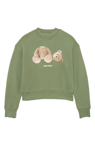 Shop Palm Angels Kids' Bear Cotton Graphic Sweatshirt In Light Green Brown