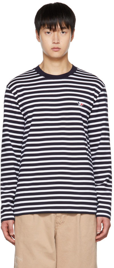 Shop Maison Kitsuné Navy Tricolor Fox Long Sleeve T-shirt In S480 Navy Stripes