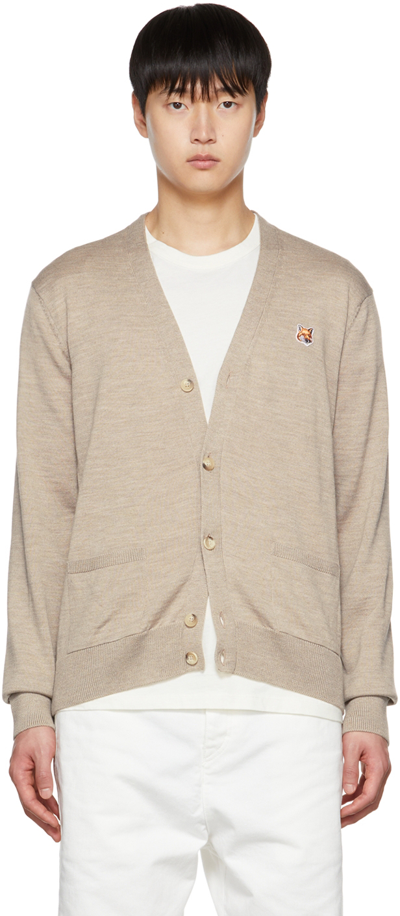 Shop Maison Kitsuné Beige Fox Head Cardigan In H250 Beige Melange