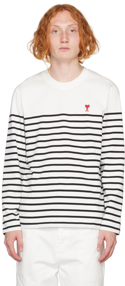 Ami Paris Long Sleeve Small Heart Stripe T-shirt In Black In White