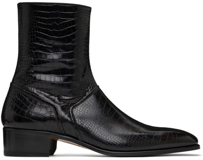 Shop Tom Ford Black Croc-embossed Boots In U9000 Black