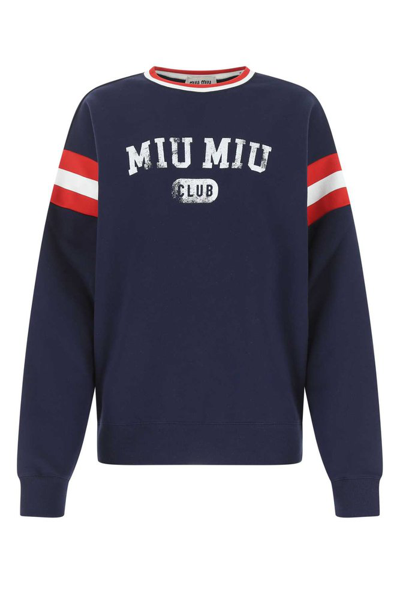 Shop Miu Miu Logo Printed Crewneck Sweatshirt In Blue