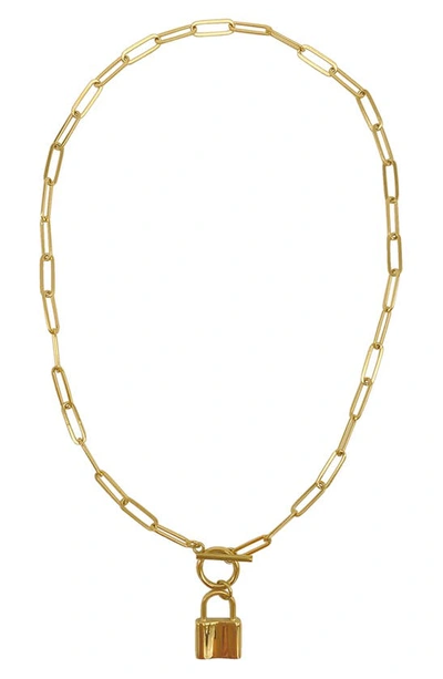 Adornia 14k Gold Plated Water Resistant Paper Clip Chain Lock Toggle Necklace In Yellow