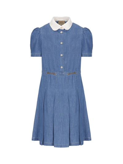 Shop Gucci Kids Short Sleeved Buttoned Denim Dress In Blue