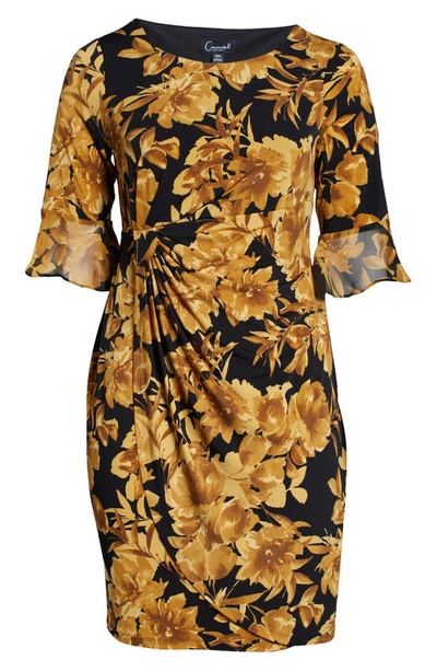 Shop Connected Apparel Floral Knit Faux Wrap Dress In Mustard