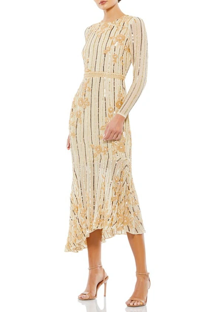 Shop Mac Duggal Embellished Long Sleeve Asymmetric Dress In Nude Gold