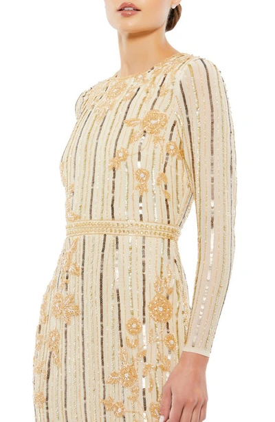 Shop Mac Duggal Embellished Long Sleeve Asymmetric Dress In Nude Gold