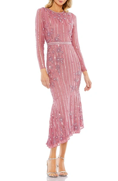 Shop Mac Duggal Embellished Long Sleeve Asymmetric Dress In Rosewood