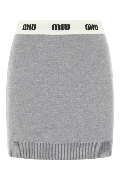 Shop Miu Miu Logo Intarsia Knitted Mini Skirt In Grey