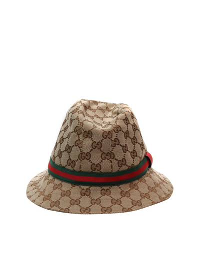Shop Gucci Kids Gg Web Fedora Hat In Brown