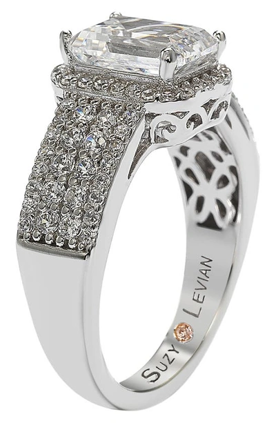 Suzy Levian Sterling Silver Radiant-cut Cz Halo Bridal Ring In White