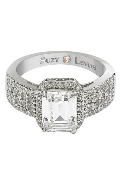Suzy Levian Sterling Silver Radiant-cut Cz Halo Bridal Ring In White