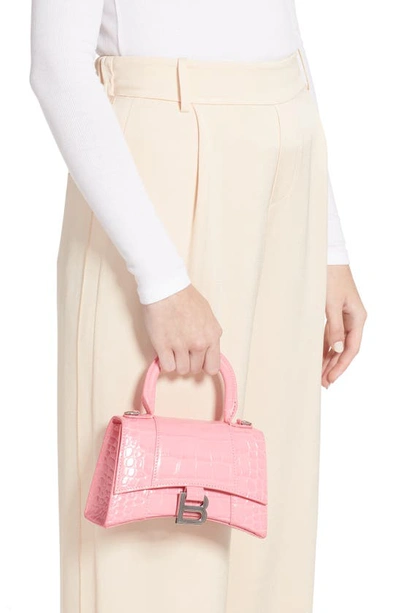 Shop Balenciaga Extra Small Hourglass Croc Embossed Leather Top Handle Bag In Sweet Pink