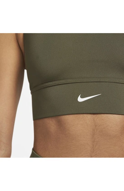 Shop Nike Dri-fit Swoosh Padded Longline Sports Bra In Medium Olive/ White