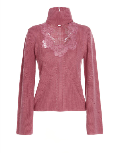Shop Blumarine Lace Insert Sweater In Fuchsia