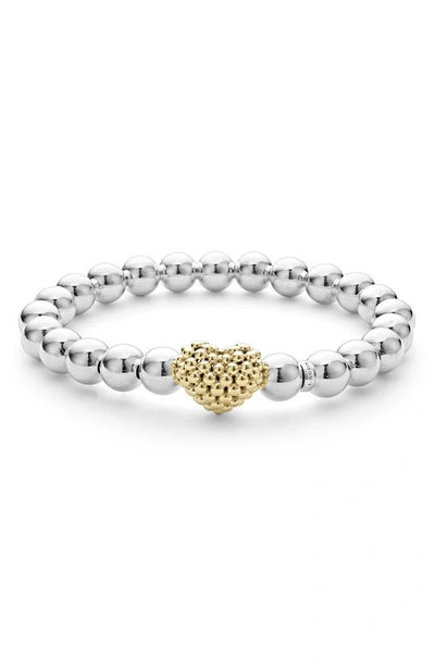 Shop Lagos Heart Charm Beaded Stretch Bracelet In Silver Gold