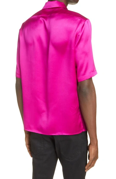 Shop Saint Laurent Short Sleeve Silk Button-up Shirt In Fuchsia