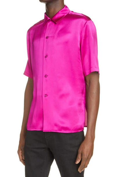 Shop Saint Laurent Short Sleeve Silk Button-up Shirt In Fuchsia
