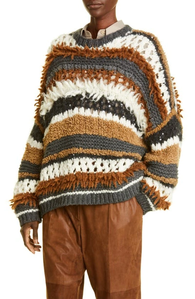 Shop Brunello Cucinelli Mixed Stitch Stripe Cashmere Sweater In Charcoal/ Mocha