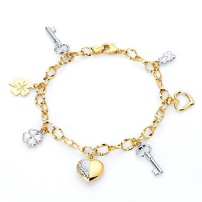 Pre-owned Wellingsale 14k White / Yellow Gold Charm Bracelet - 7.5"