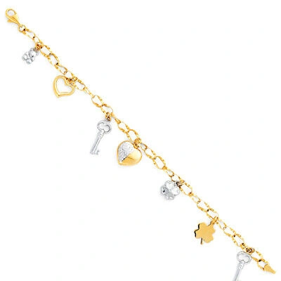 Pre-owned Wellingsale 14k White / Yellow Gold Charm Bracelet - 7.5"