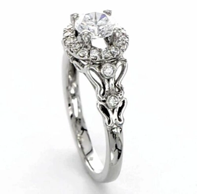 Pre-owned Handmade 14k White Gold Diamond Engagement Ring Band 1.25 F Vs2 Round Halo Butterfly Set