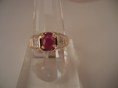 Pre-owned Ruby Mens Natural 7x5mm Oval  And Diamond Ring 10k Yellow Gold- Free Ring Sizing In Red