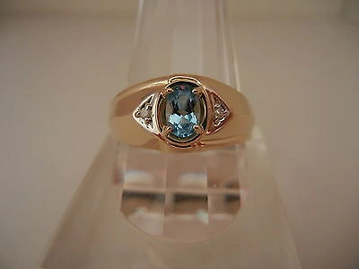 Pre-owned Blue Diamond Mens Genuine Blue Topaz And Diamond Ring 10k Yellow Gold - Free Ring Sizing