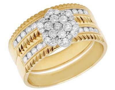 Pre-owned Jewelry Unlimited Ladies/mens 14k Yellow Gold Real Diamond Flower Trio Bridal Ring Set 1.1ct 8mm In G-h