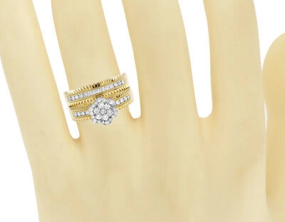 Pre-owned Jewelry Unlimited Ladies/mens 14k Yellow Gold Real Diamond Flower Trio Bridal Ring Set 1.1ct 8mm In G-h